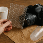 Fotografando com materiais recicláveis: plástico bolha, copos e papel