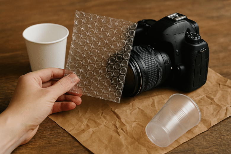 Fotografando com materiais recicláveis: plástico bolha, copos e papel