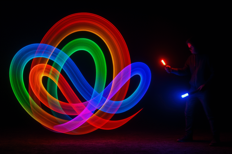 Técnica de “light painting” com lanternas coloridas no escuro